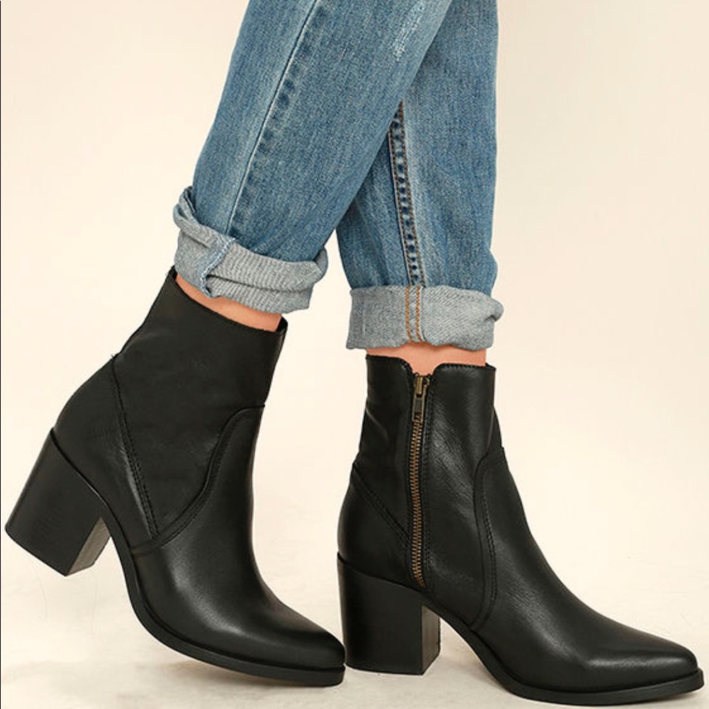 Steve Madden Peaches Black Leather Mid-Calf Side Zip Block Heel Ankle Boots 8